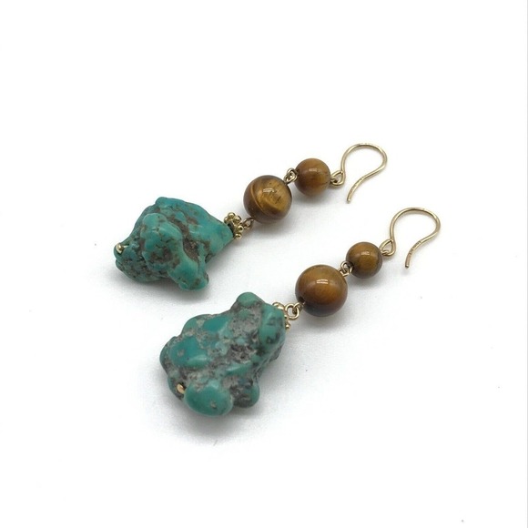 14k Yellow Gold Turquoise Tiger's Eye Dangle Earrings - Picture 5 of 7